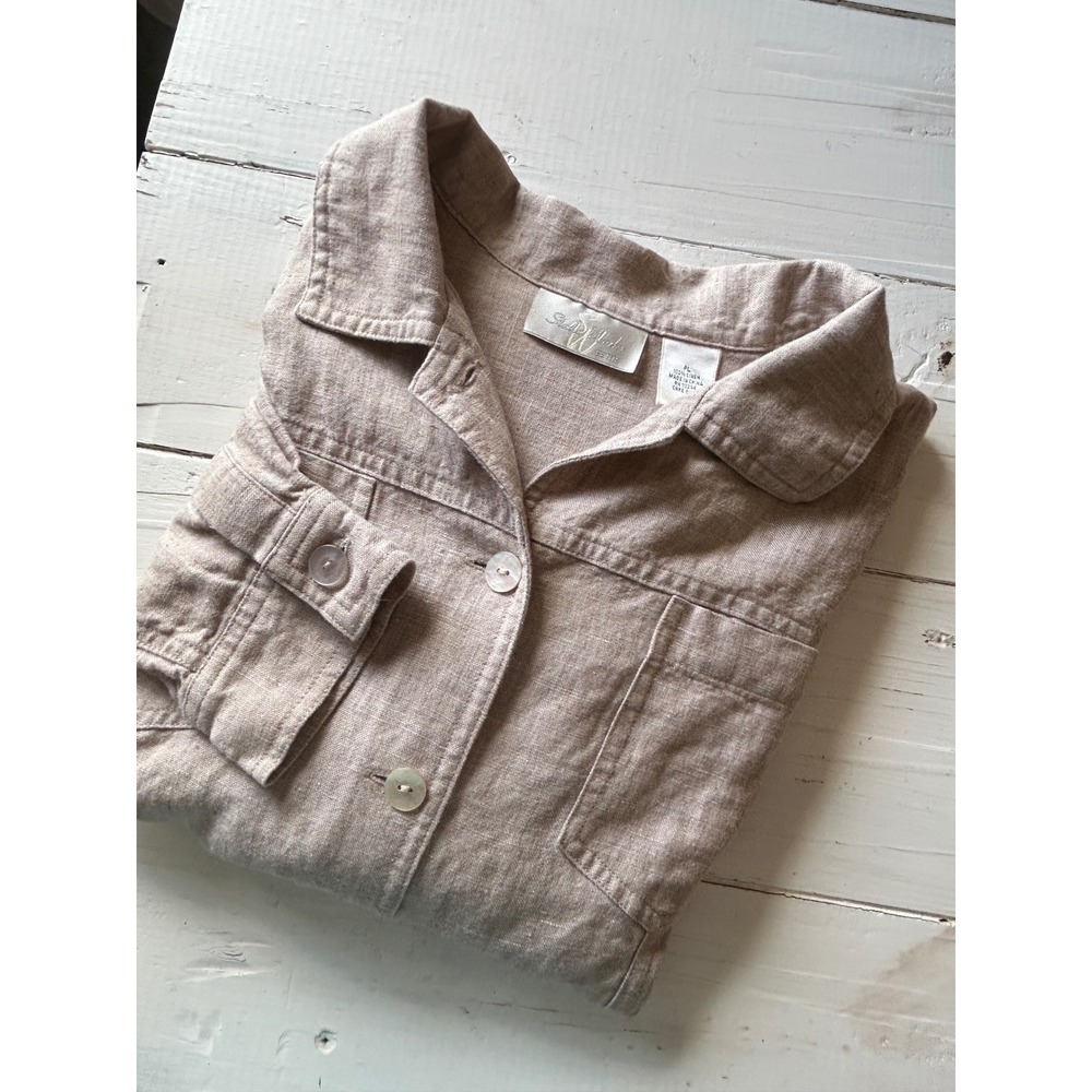 Studio Works Petite Tan 100% Linen Button Front Shirt Blouse Long Sleeve PL